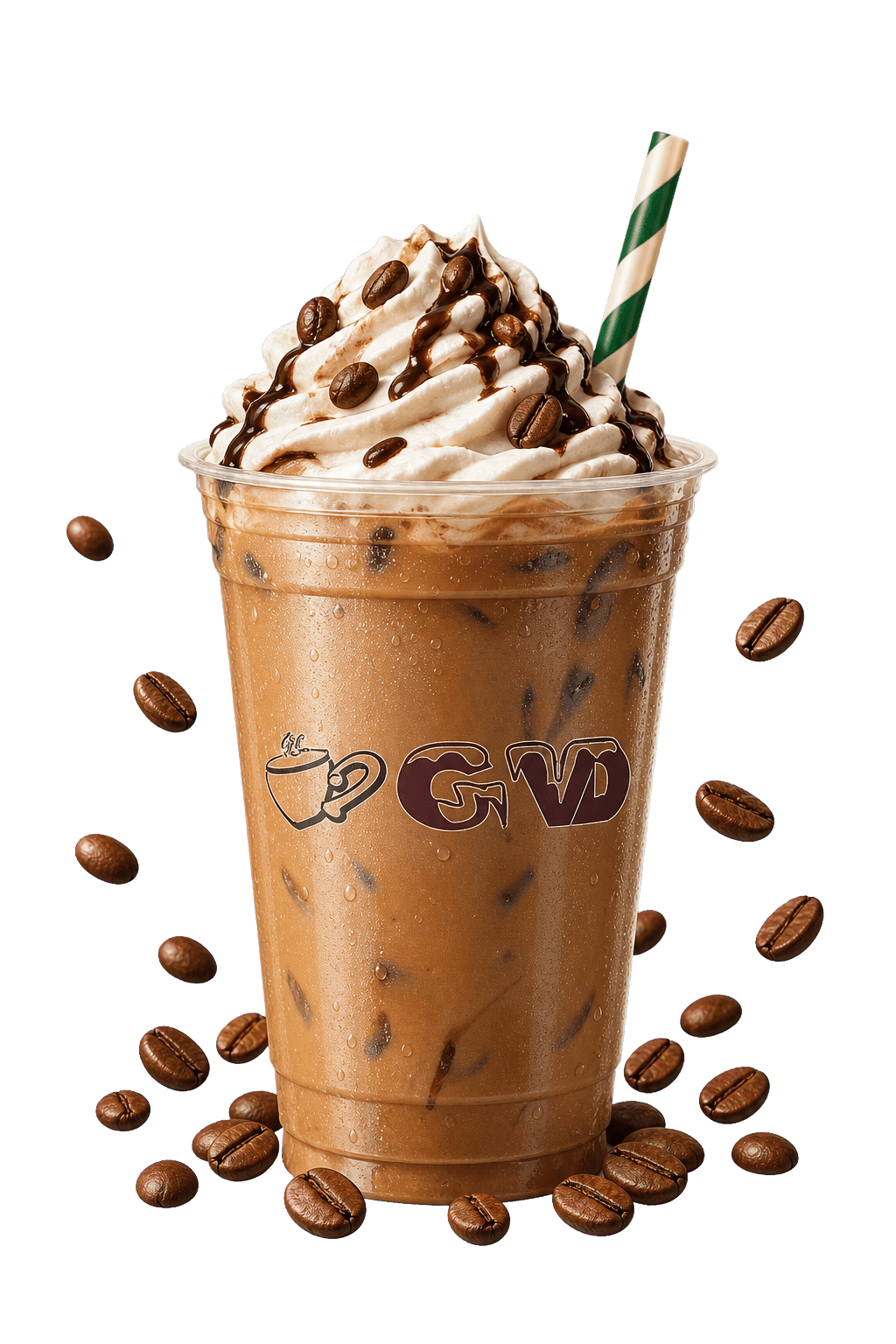 GVD cold coffee with whipped cream and coffee beans
