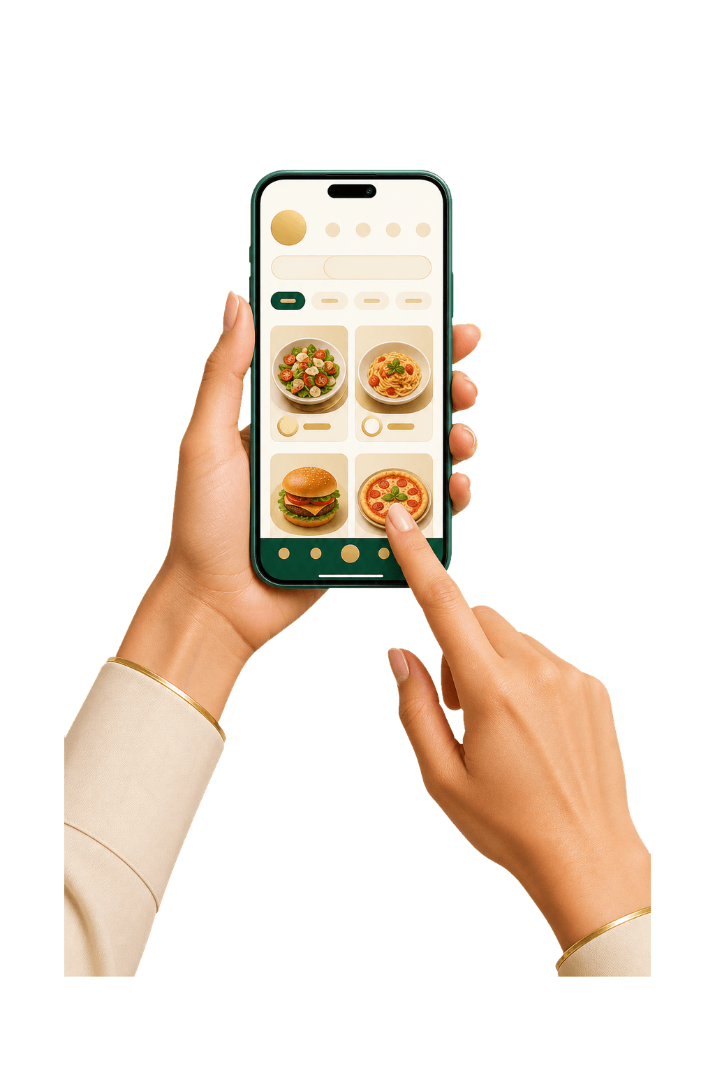 A hand ordering a burger and cold coffee in the GVD app