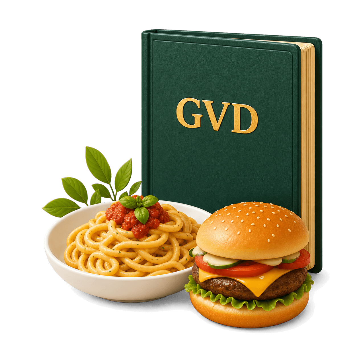 GVD menu book with pasta and burger