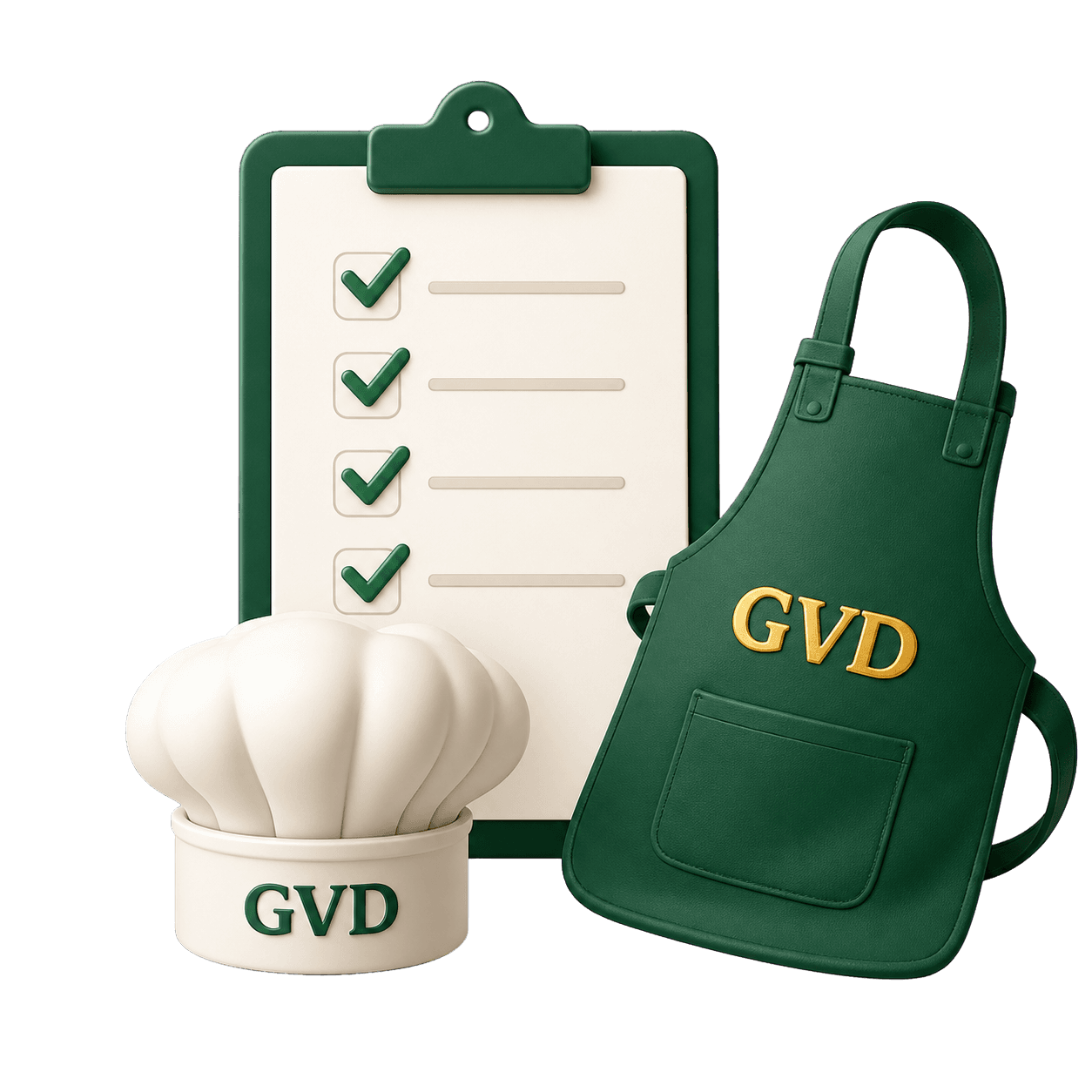 GVD operations checklist, chef hat and apron