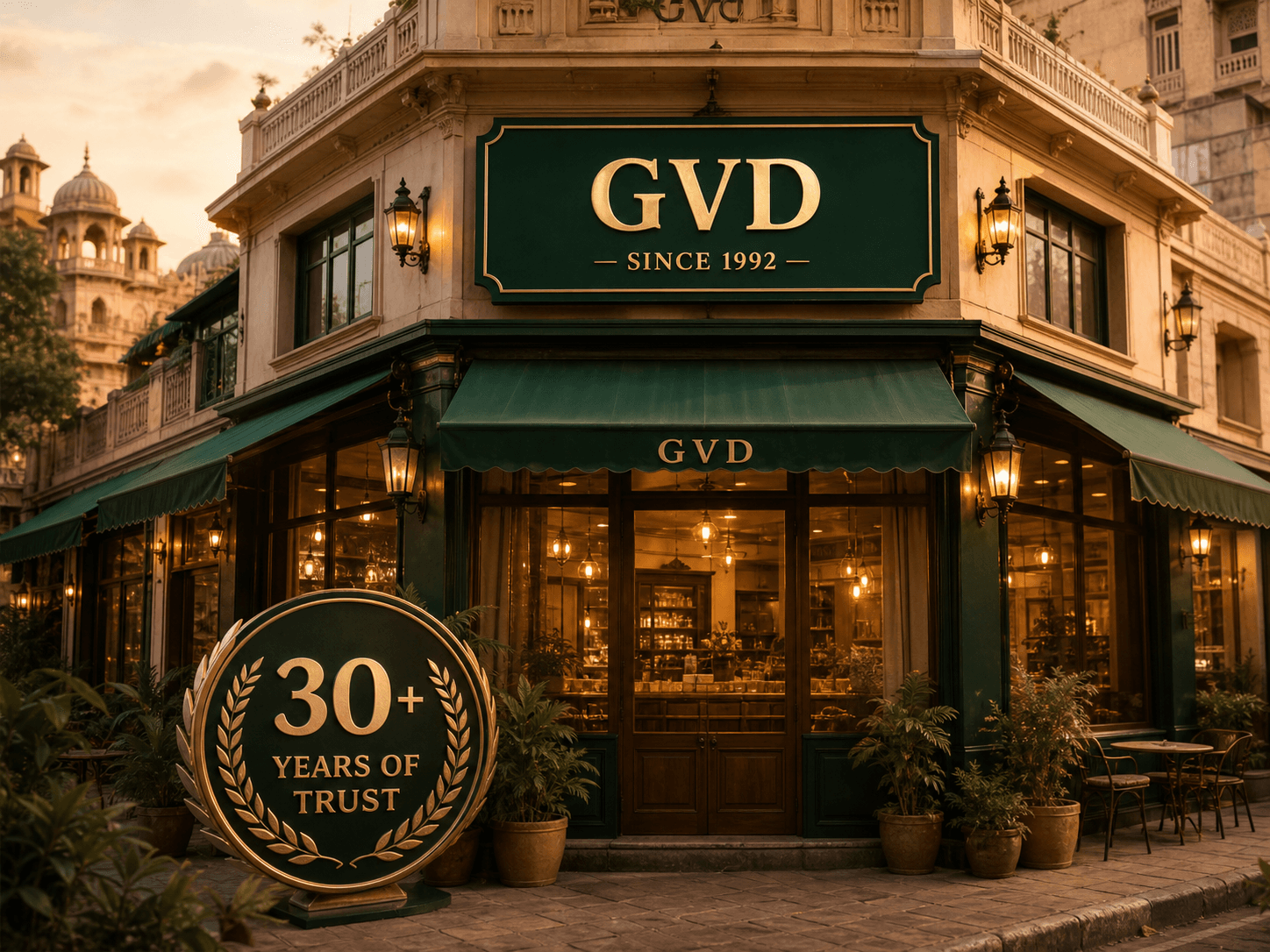 Heritage GVD cafe storefront in Jaipur with a 30-plus years of trust emblem